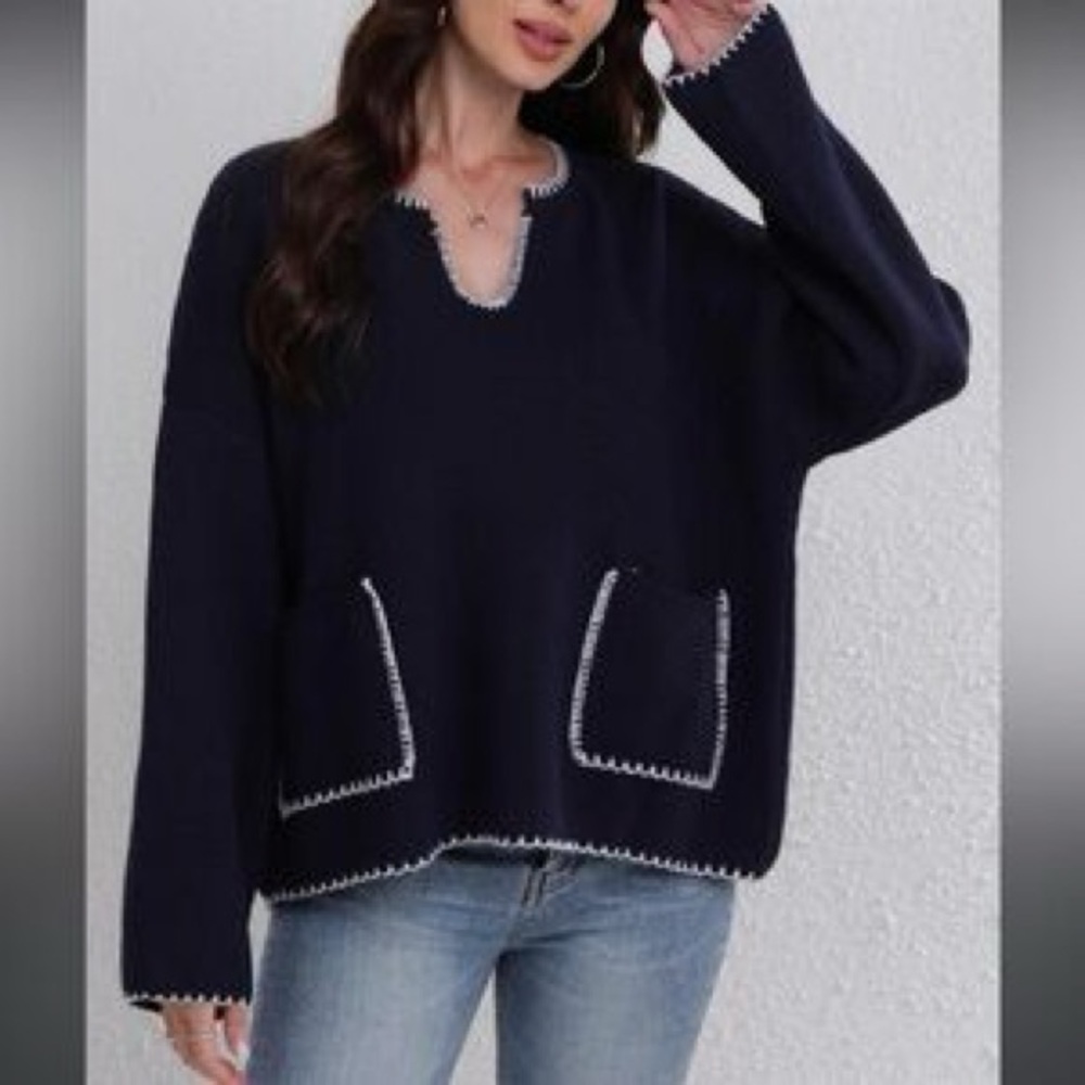 ZARA Woven Heavy Sweater Navy Knit Top w White Stitching Front Pockets V-neck - Picture 5 of 15